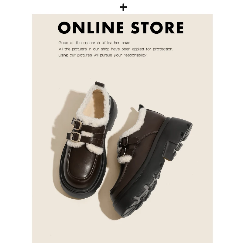 加绒小皮鞋女2025冬新款加绒毛毛单鞋厚底系带乐福鞋厚底乐福鞋