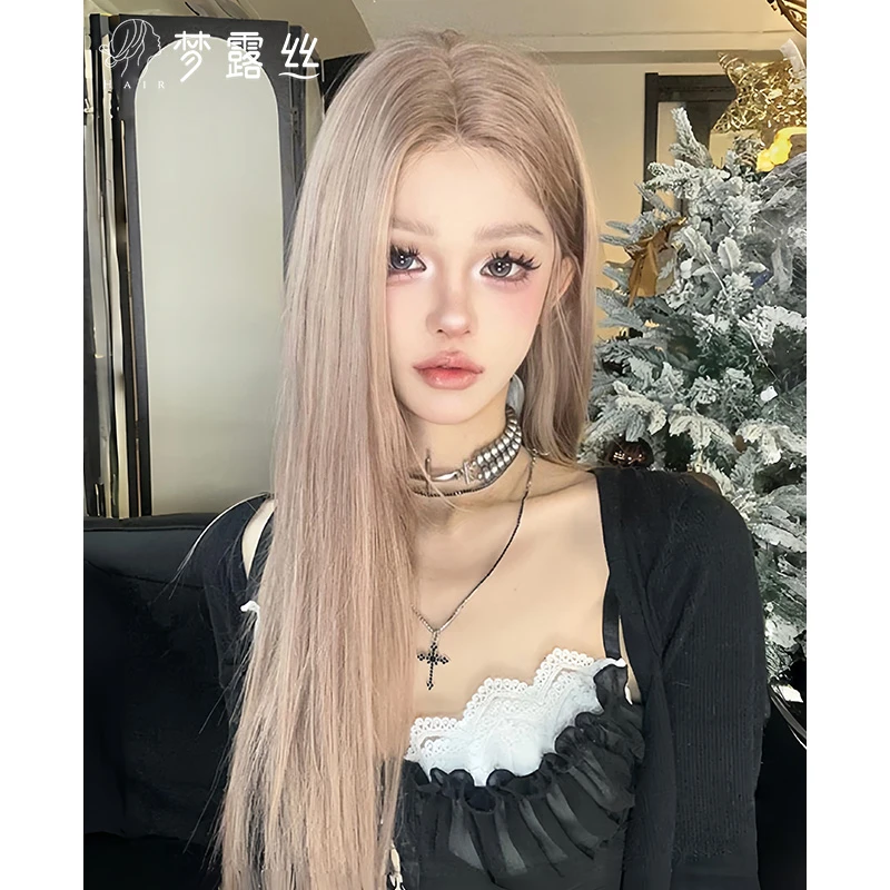 小圆-【午夜巴黎】假发女自然长直发豆沙粉小额蕾丝时尚气质假发