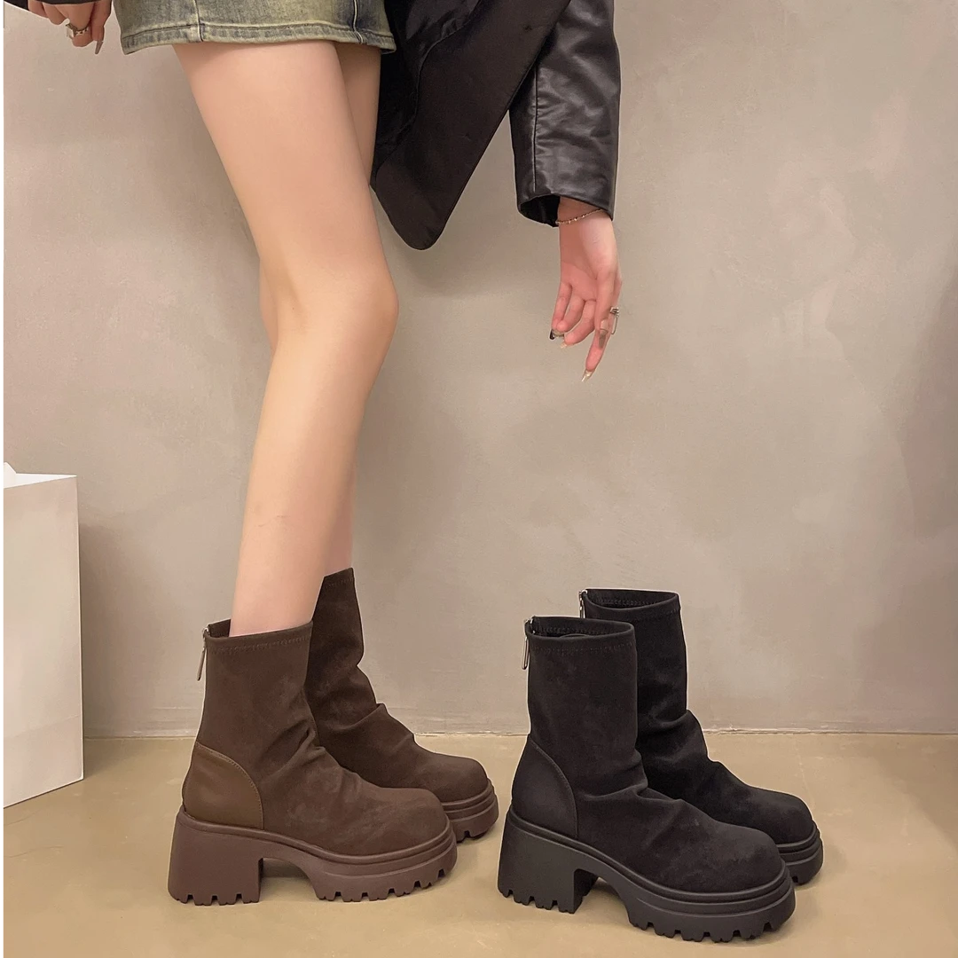 蕊风短靴女2024秋冬新款百搭复古瘦瘦靴厚底增高马丁靴粗跟骑士靴