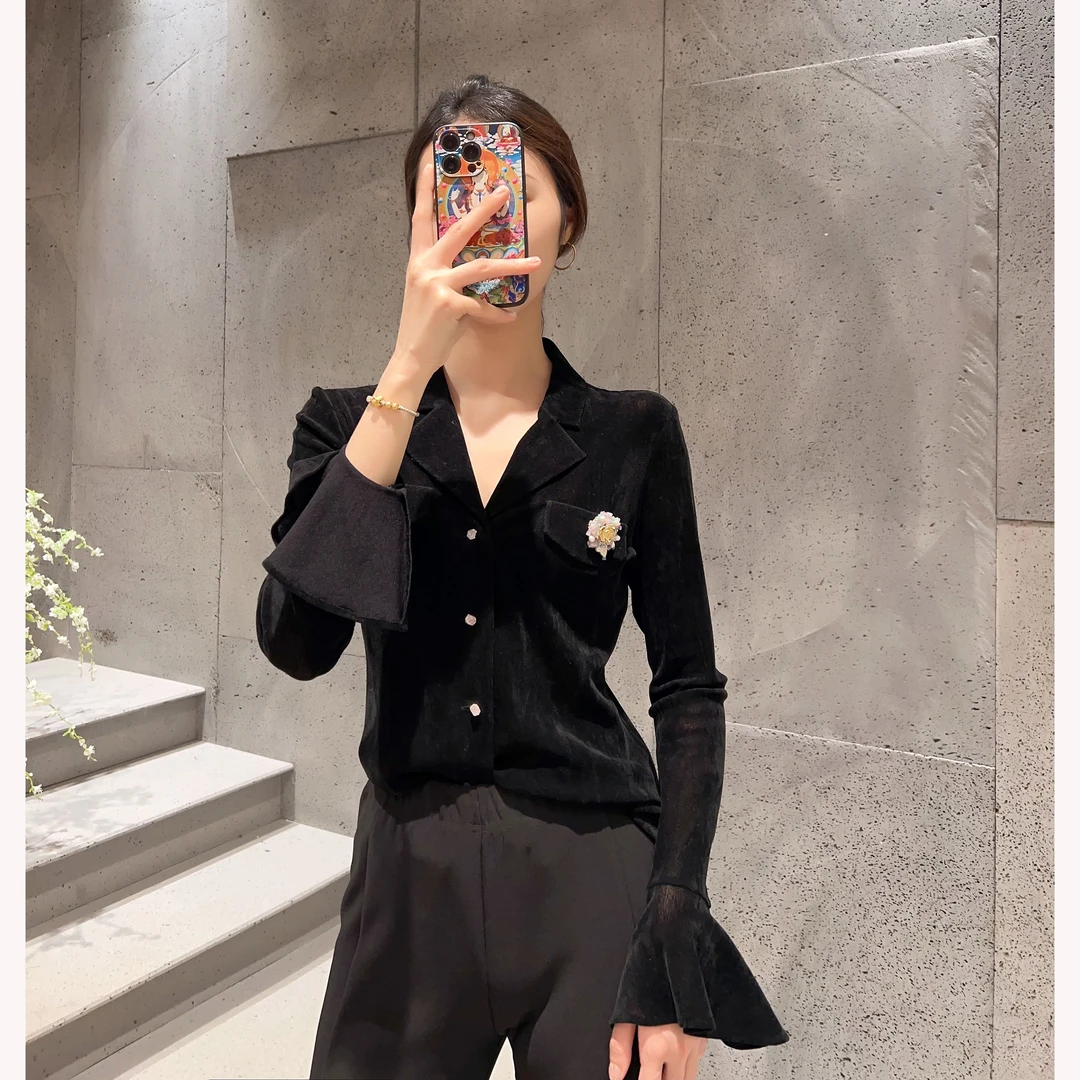 M1760法式优雅翻领钉珠荷叶袖显瘦衬衫女衣长57款号QS7599