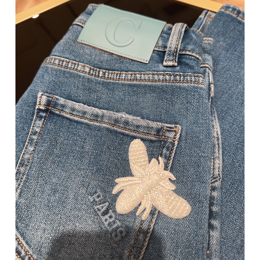 大直筒！ M1429 裤长106白色小蜜蜂 蓝色牛仔裤 款号VE262