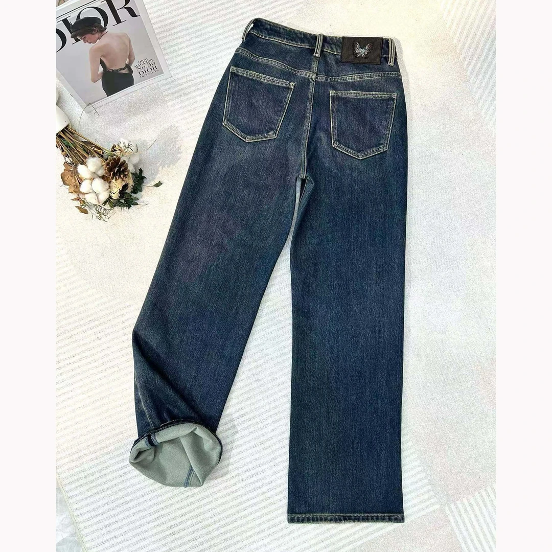 加绒大直筒！裤长105 钉珠蝴蝶蓝色牛仔裤 款号GY20533