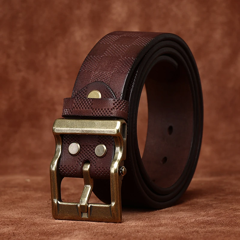 加厚复古头层牛皮格子压纹皮带男真皮针扣潮流百搭休闲牛仔裤腰带