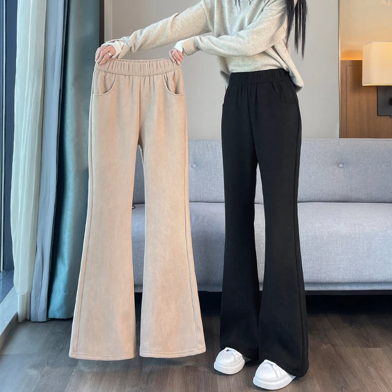 仿羊绒糯米微喇叭裤女秋冬季加绒裤子2025新款爆款雪尼尔阔腿裤女