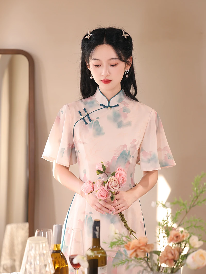 素雅新式奥黛旗袍连衣裙2024年新款夏日常优雅复古民国风改良简约