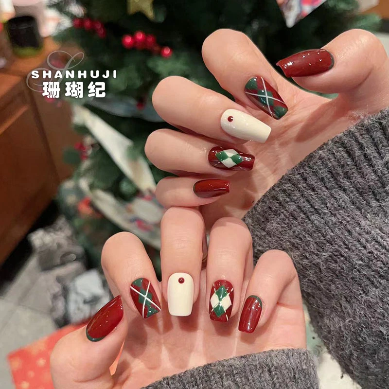 【格纹】珊瑚纪秋冬显白美甲气质简约温柔ins纯手工穿戴甲