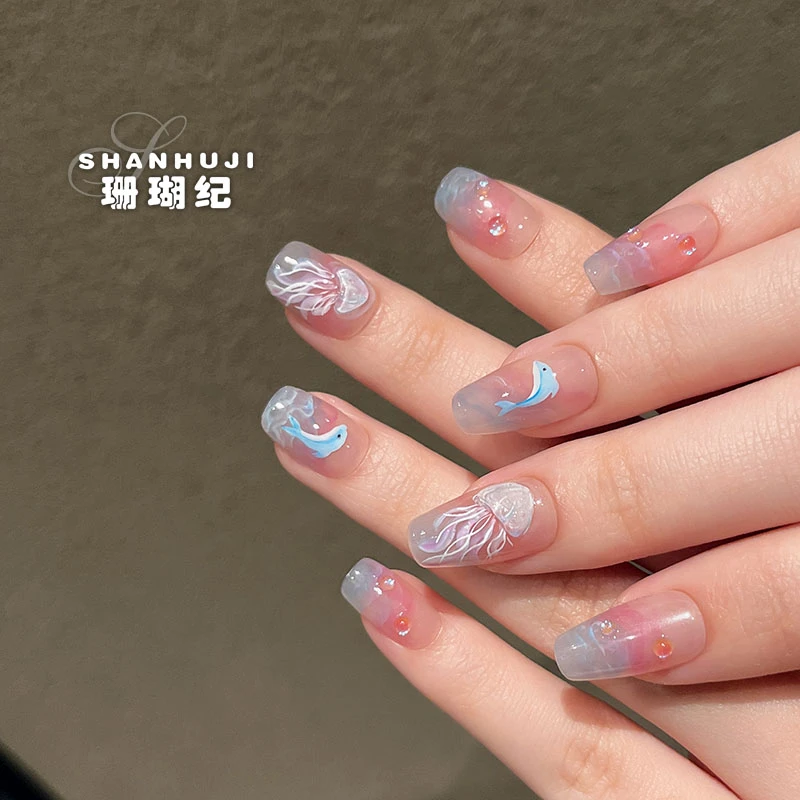 【蓝水母】 珊瑚纪流行气质夏日美甲温柔冰透手绘显白ins穿戴甲