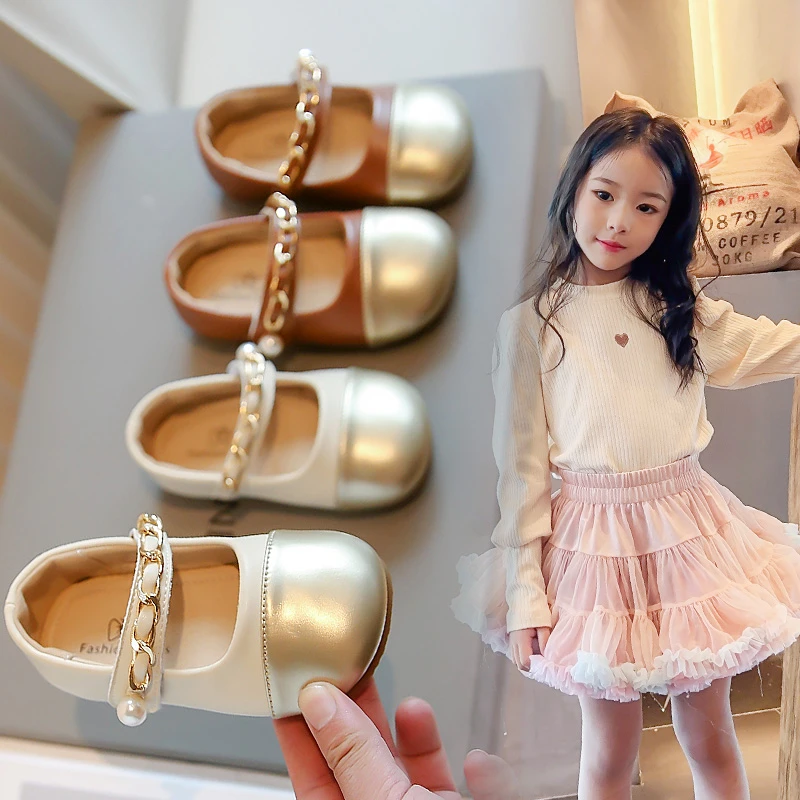 女童皮鞋2025春秋季新款韩版儿童时尚链条珍珠公主鞋软底宝宝单鞋
