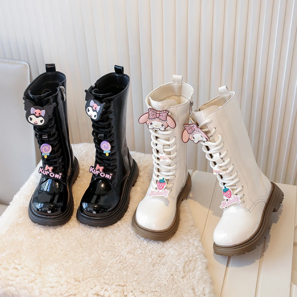 女童靴子冬季长筒靴2024新款儿童时尚亮皮公主马丁靴加绒卡通长靴