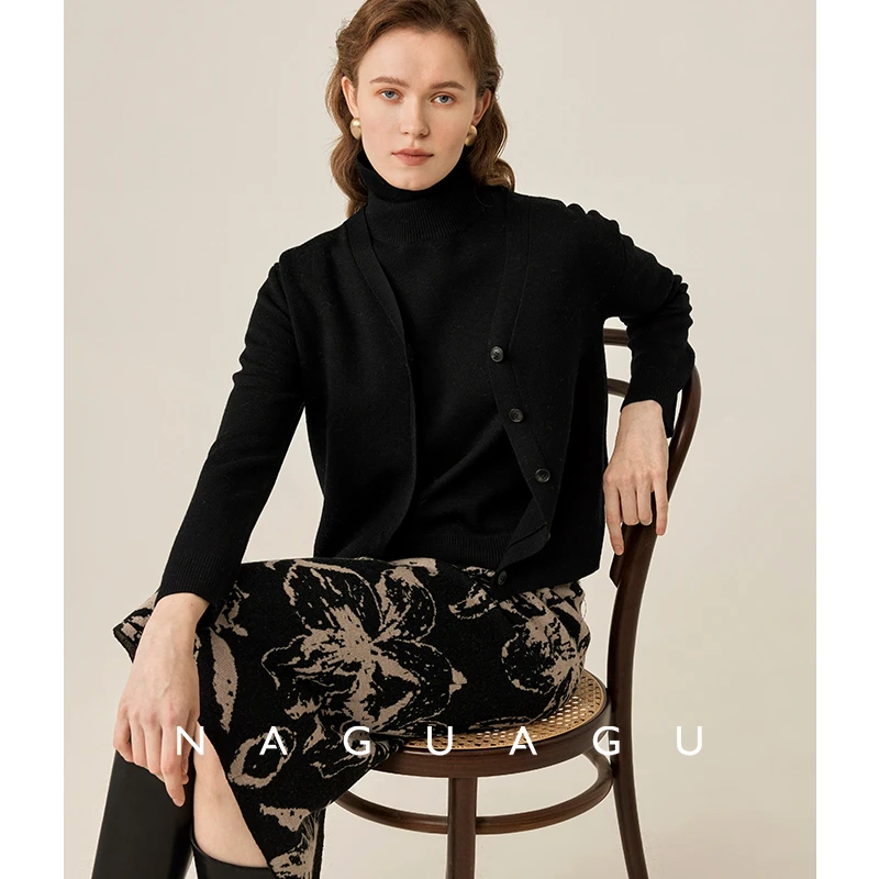 南瓜谷【水墨百合气质黑色针织套装】可机100.%绵羊毛开衫半身裙女