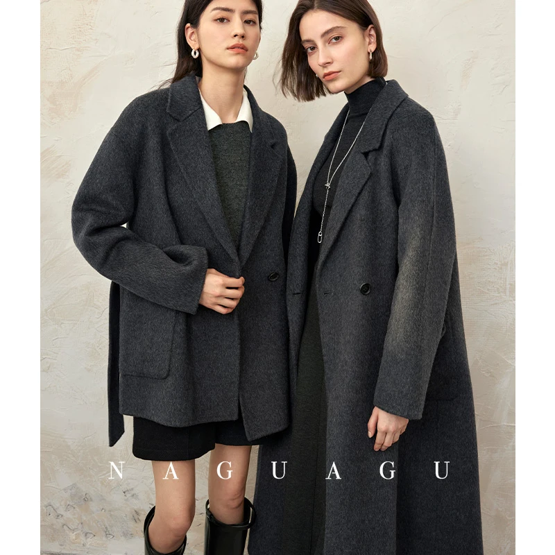南瓜谷 挪威雾灰大衣~秋冬羊毛双面格雷系穿搭毛呢外套女