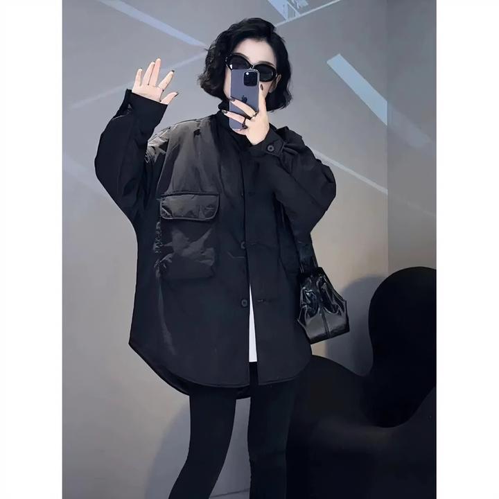 欧货宽松大口袋棉服女2023秋冬新款休闲中长款开衫翻领棉衣外套女