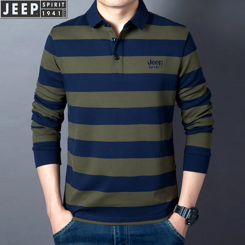 JEEPSPIRIT春秋季长袖t恤商务男士纯棉宽松大码翻领条纹休闲T恤衫