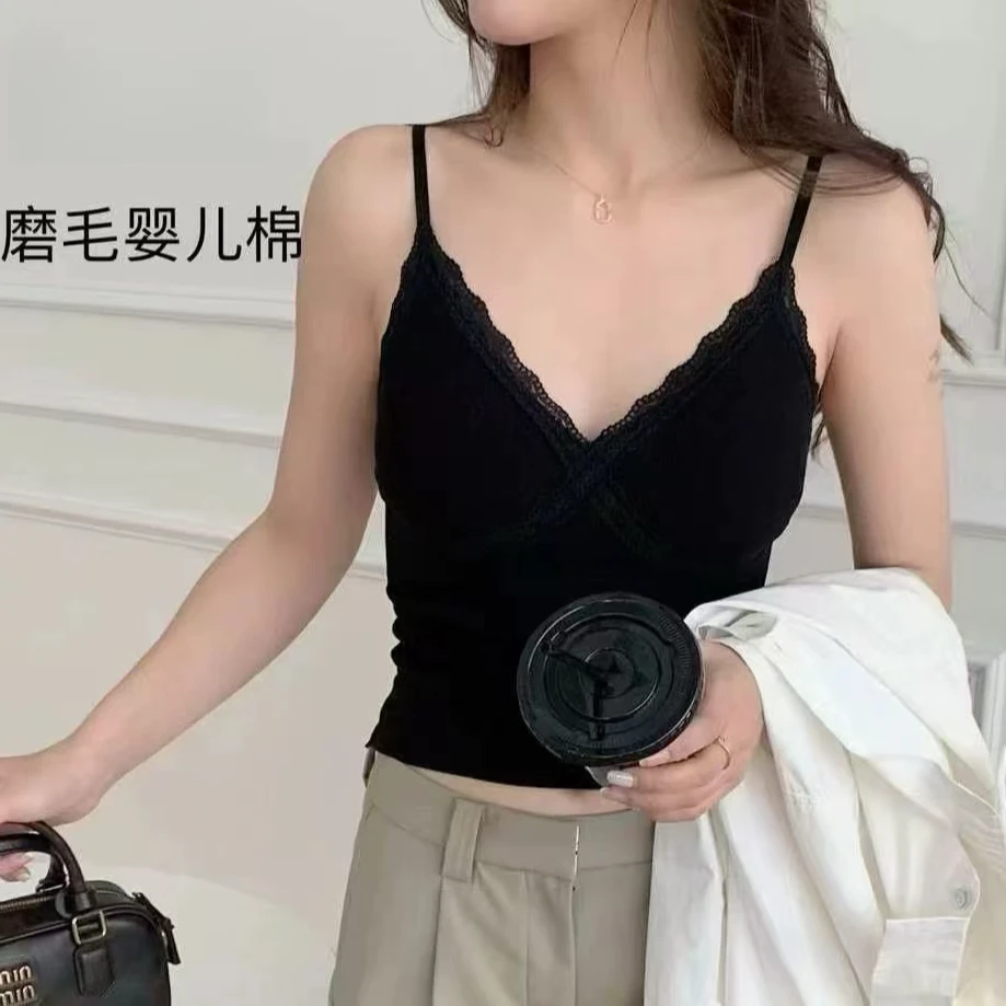 婴儿棉螺纹磨毛美背吊带固定杯胸垫内衣性感V领蕾丝拼接打底背心