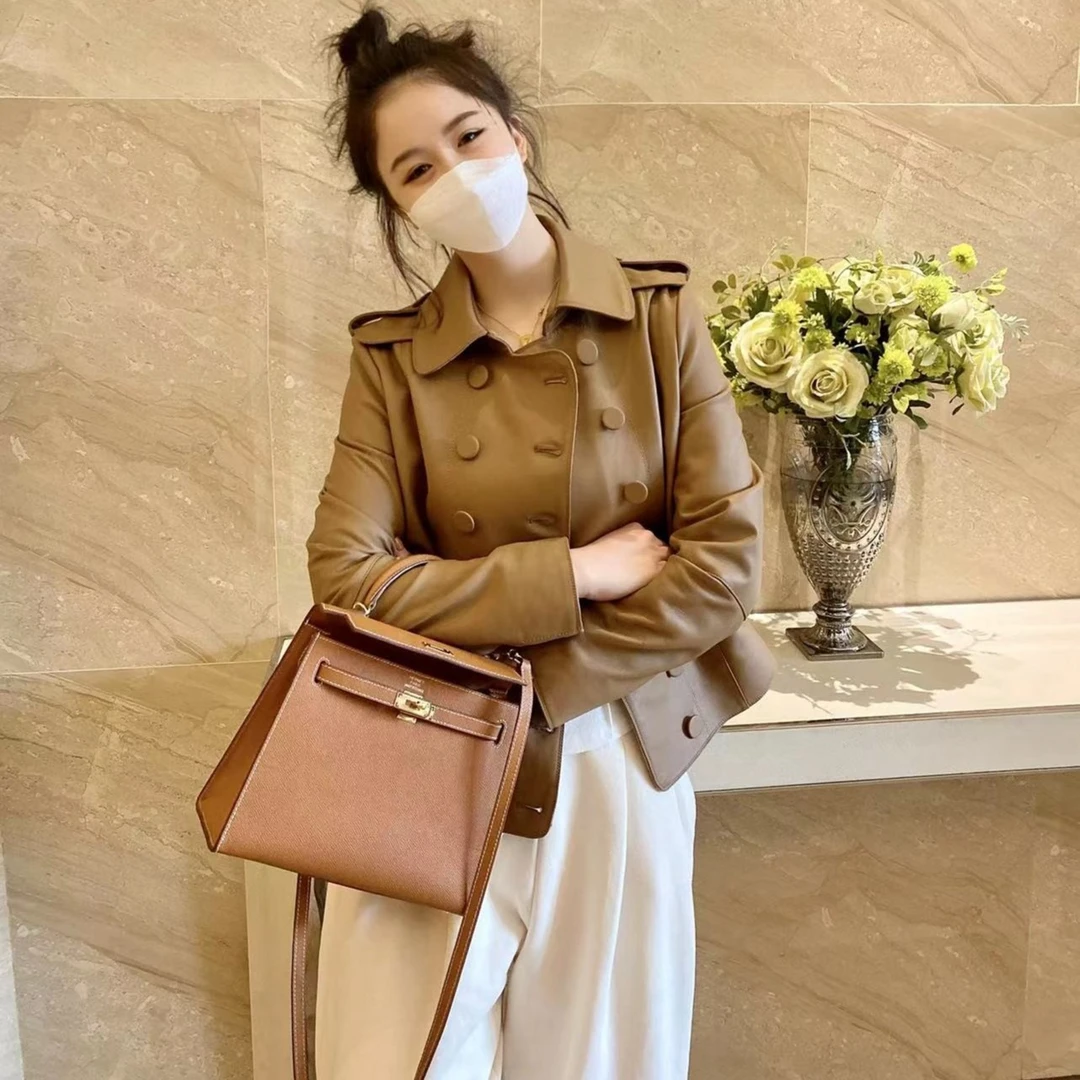 以赛亚 优雅弧度 秋冬方领短款双排扣休闲绵羊皮真皮皮衣外套2110