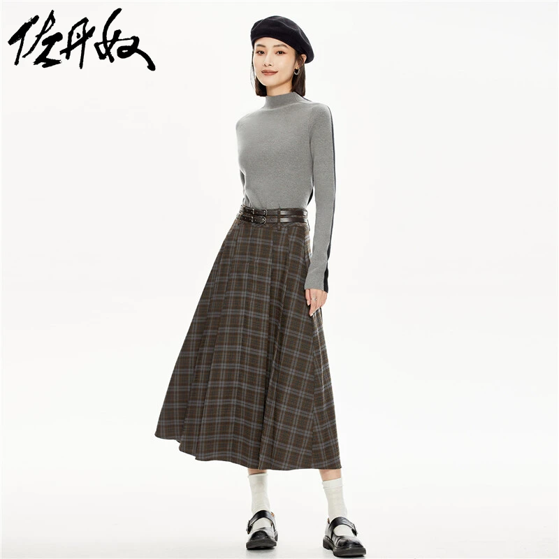 佐丹奴裙子女装热力感格纹西装料梭织收褶A字半身裙 18463629