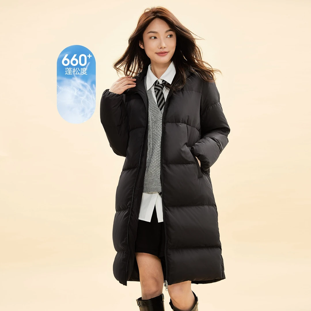 佐丹奴外套女装热力感纯色鸭绒长款休闲连帽羽绒外套 13372871