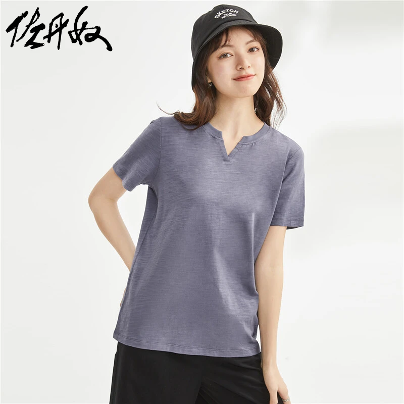 佐丹奴简约夏季T恤女装休闲青春竹节棉纯色小V领短袖上衣05323411