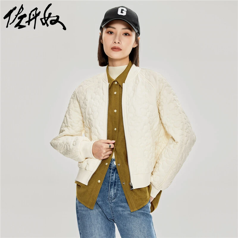 佐丹奴外套女装花朵绗线梭织插肩袖棒球领休闲棉衣外套 18373907