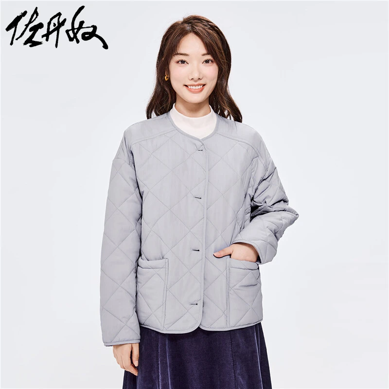 佐丹奴秋冬女装棉服外套纯色百搭菱格圆领宽松保暖上衣 13372833