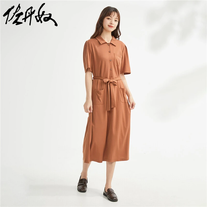 佐丹奴裙子女装夏季针织绑带束腰多口袋短袖衬衫连衣裙18463710