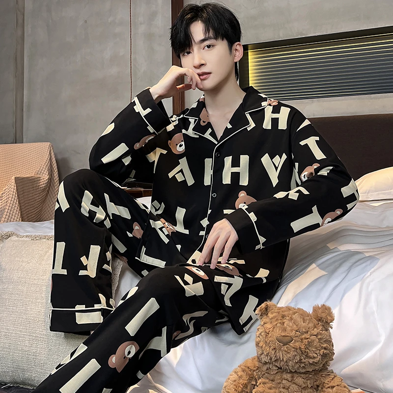 男士睡衣春秋季长袖青少年可外穿高级感大码开衫卡通家居服套装男