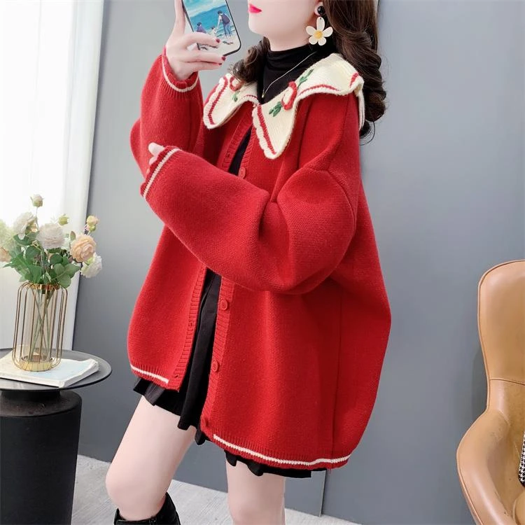 甜美减龄花朵娃娃领毛衣外套女秋冬2024年新款宽松温柔风针织开衫