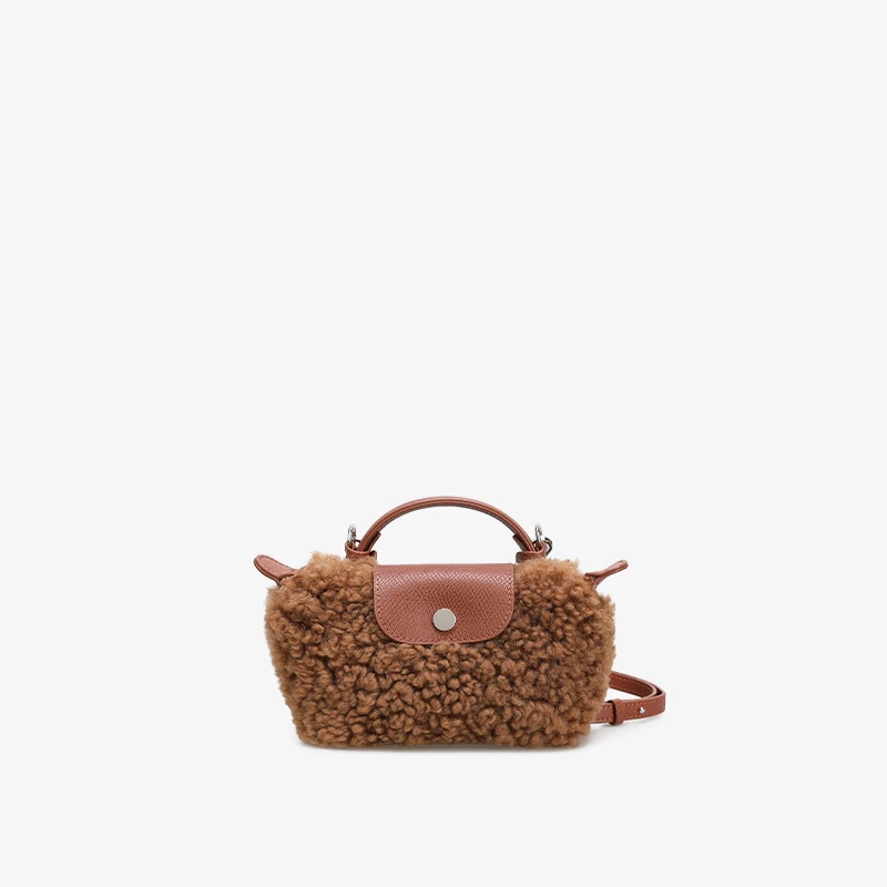 CaitinKaie轻奢----毛卷毛拼牛皮女迷你饺子包1261斜挎手提毛绒包