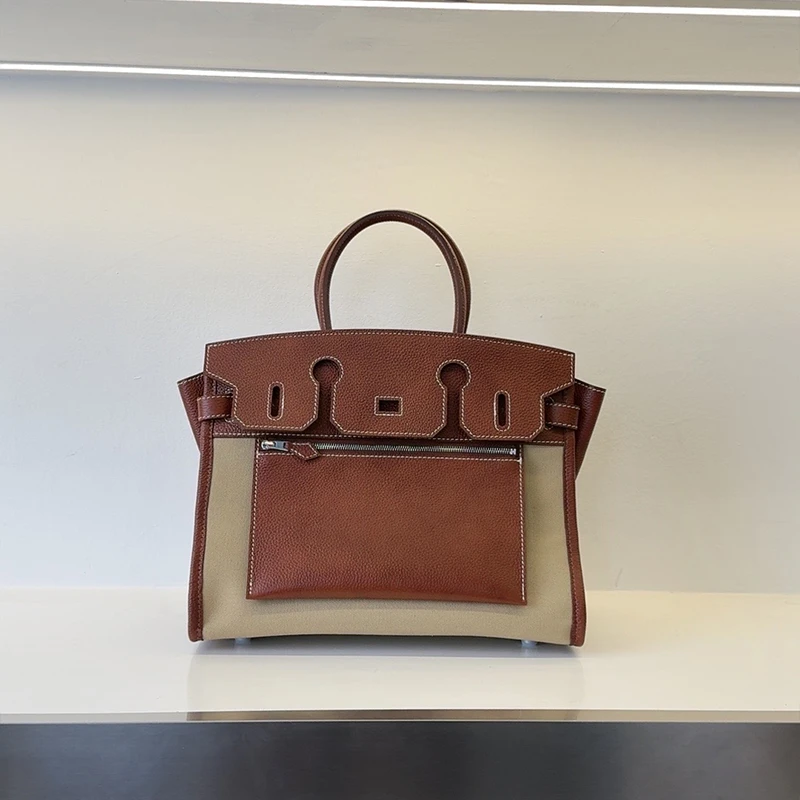 CaitinKaie轻奢----真皮帆布女手提包1523撞色大容量通勤包托特包