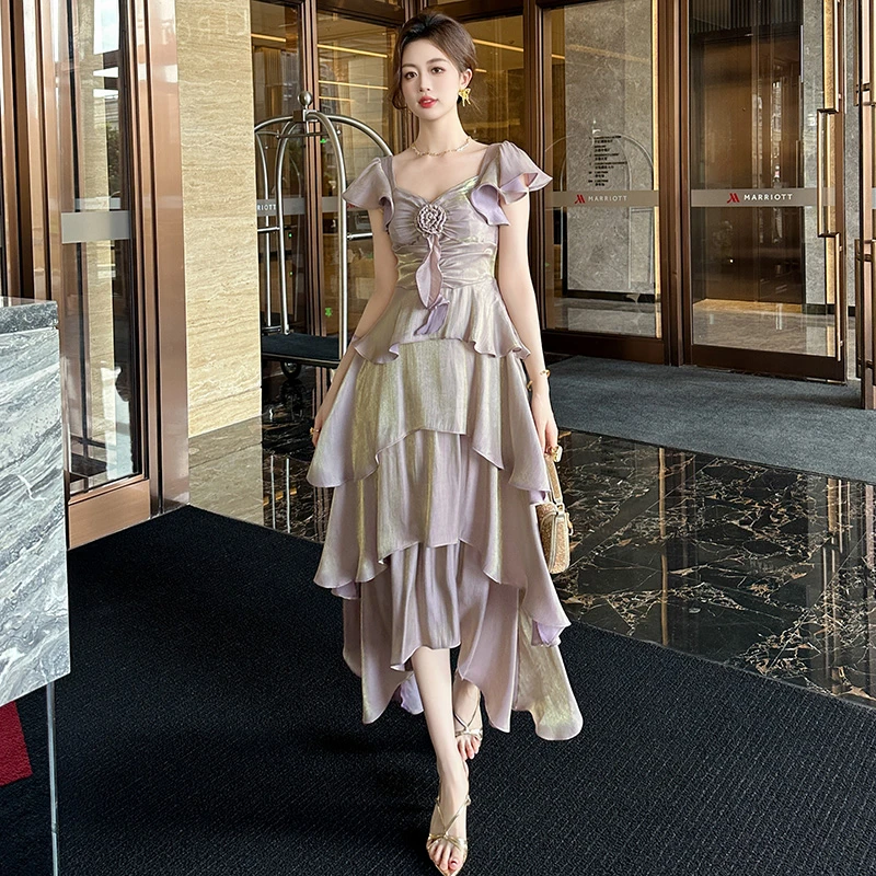 法式不规则白色长款a字蛋糕裙夏季高腰方领女人味连衣裙 91168