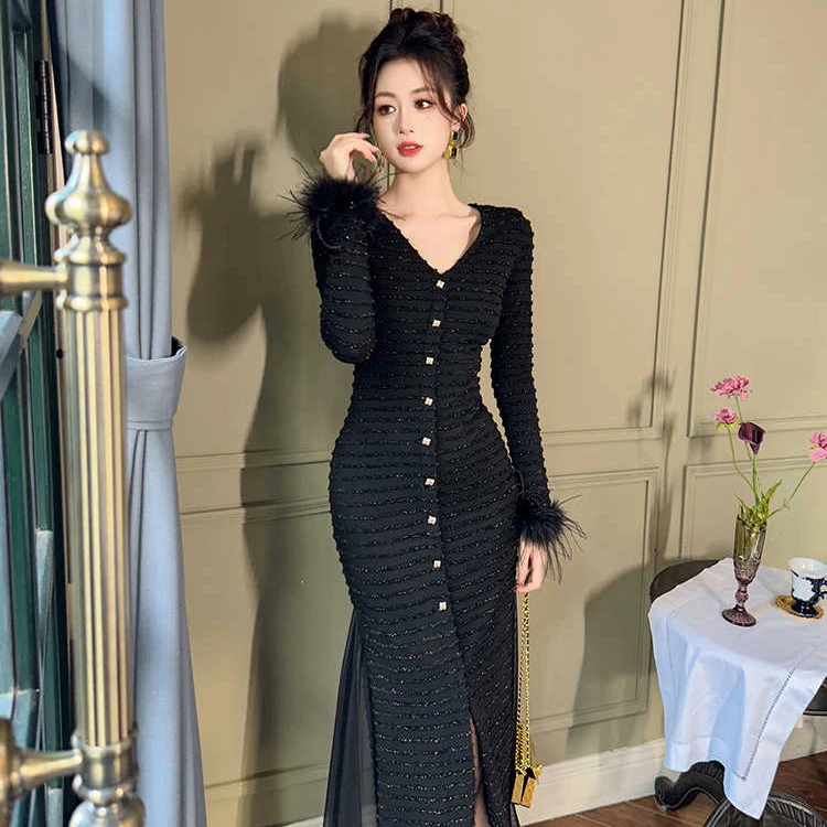 新款黑色气质时尚设计师修身名媛优雅百搭长袖连衣裙 40164