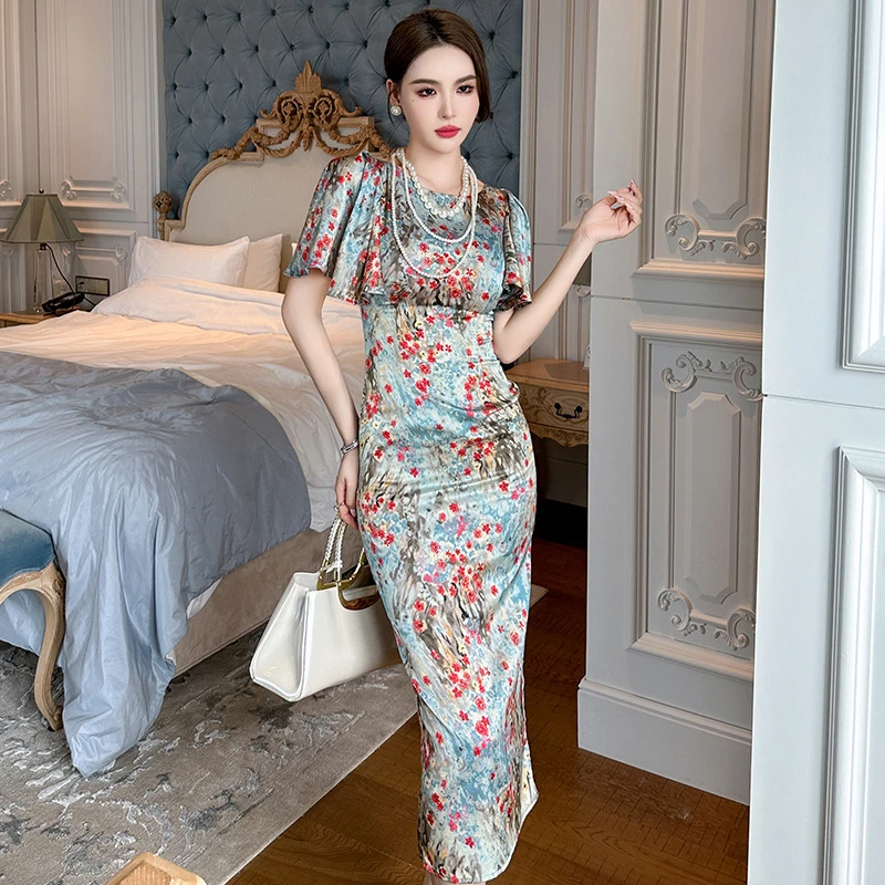 夏季新款女复古中国风圆领泡泡袖水墨画印花修身连衣裙30510