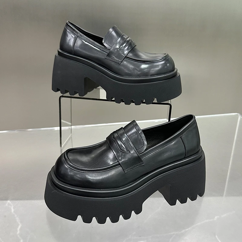 【左右华菲】8cm胎牛皮春季新款2025爆款黑色厚底乐福鞋一脚蹬单鞋