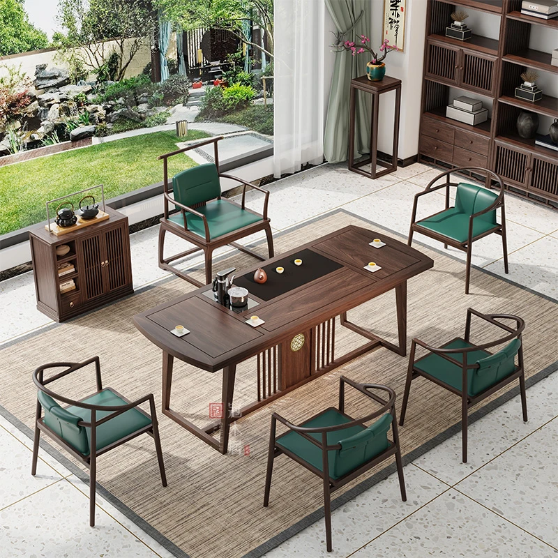 新中式茶桌椅组合黑胡桃茶桌实木茶台泡茶套装办公室禅意功夫茶几