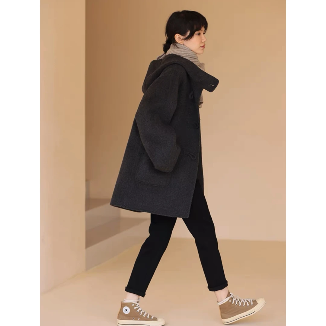 妮妮家冬季款连帽休闲牛角扣大衣外套2328