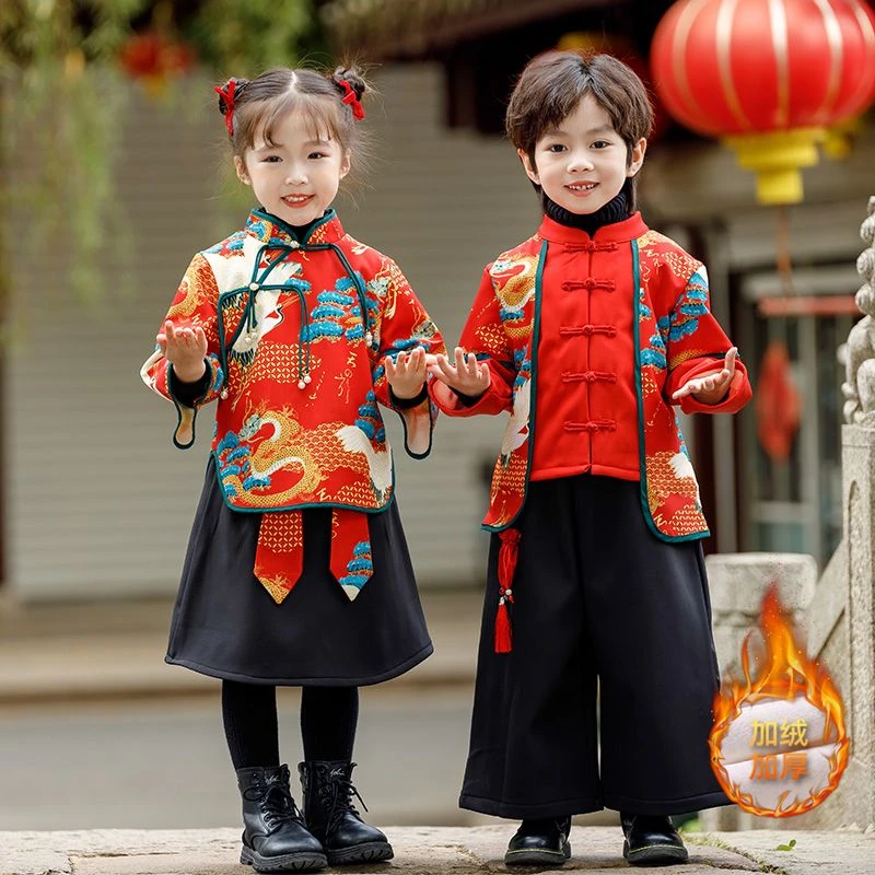 巴拉拉吧豌豆儿兄妹款加绒国潮图腾套装2023冬季新款男女童红色拜