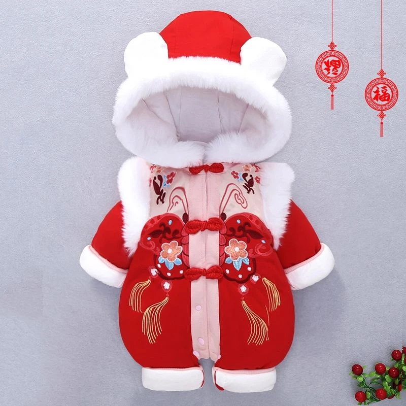 巴拉拉吧婴儿冬款加绒加厚连体衣服新年女宝宝过年红色喜庆拜年爬