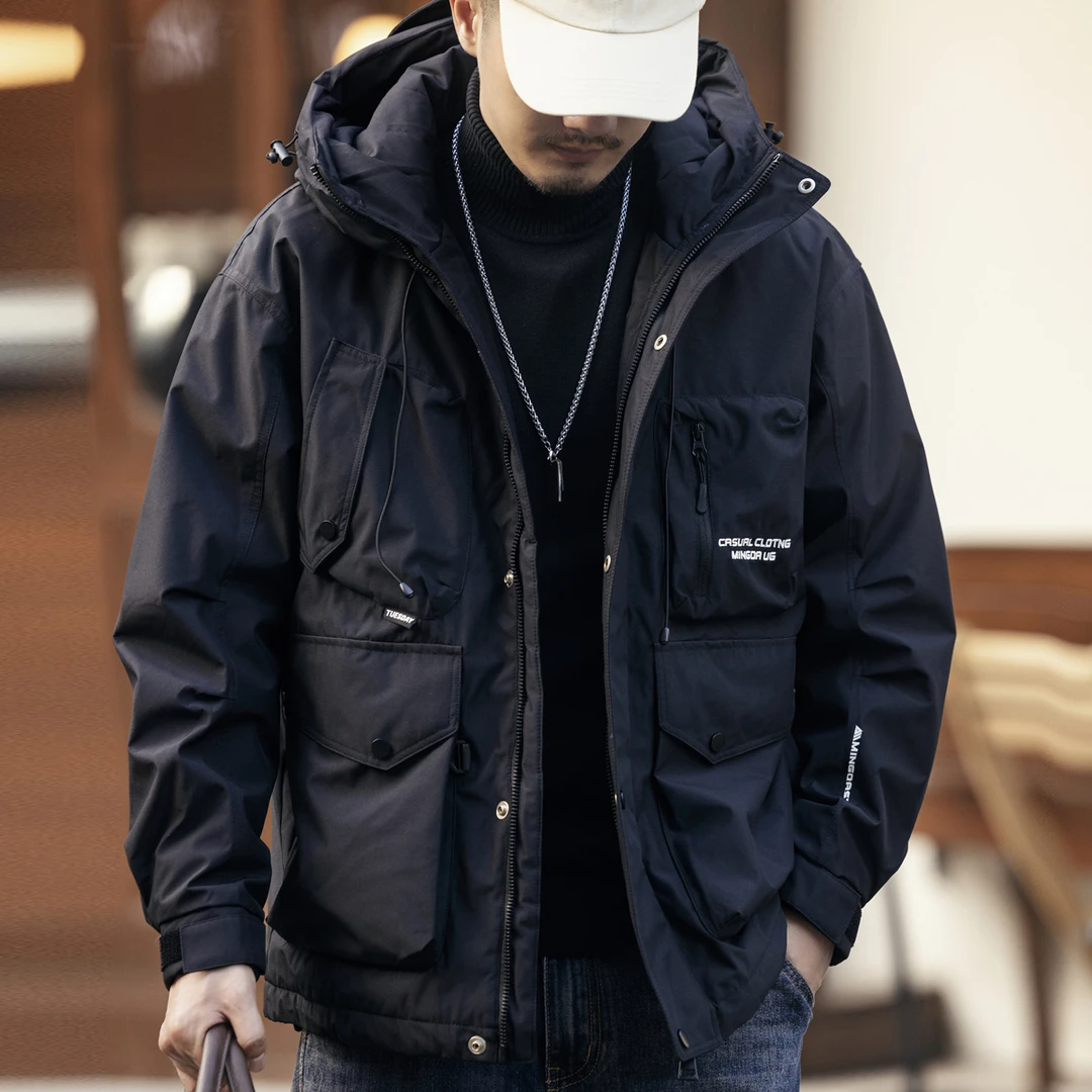 LCK·高端美式连帽黑色工装羽绒服男冬季保暖休闲情侣工装外套男