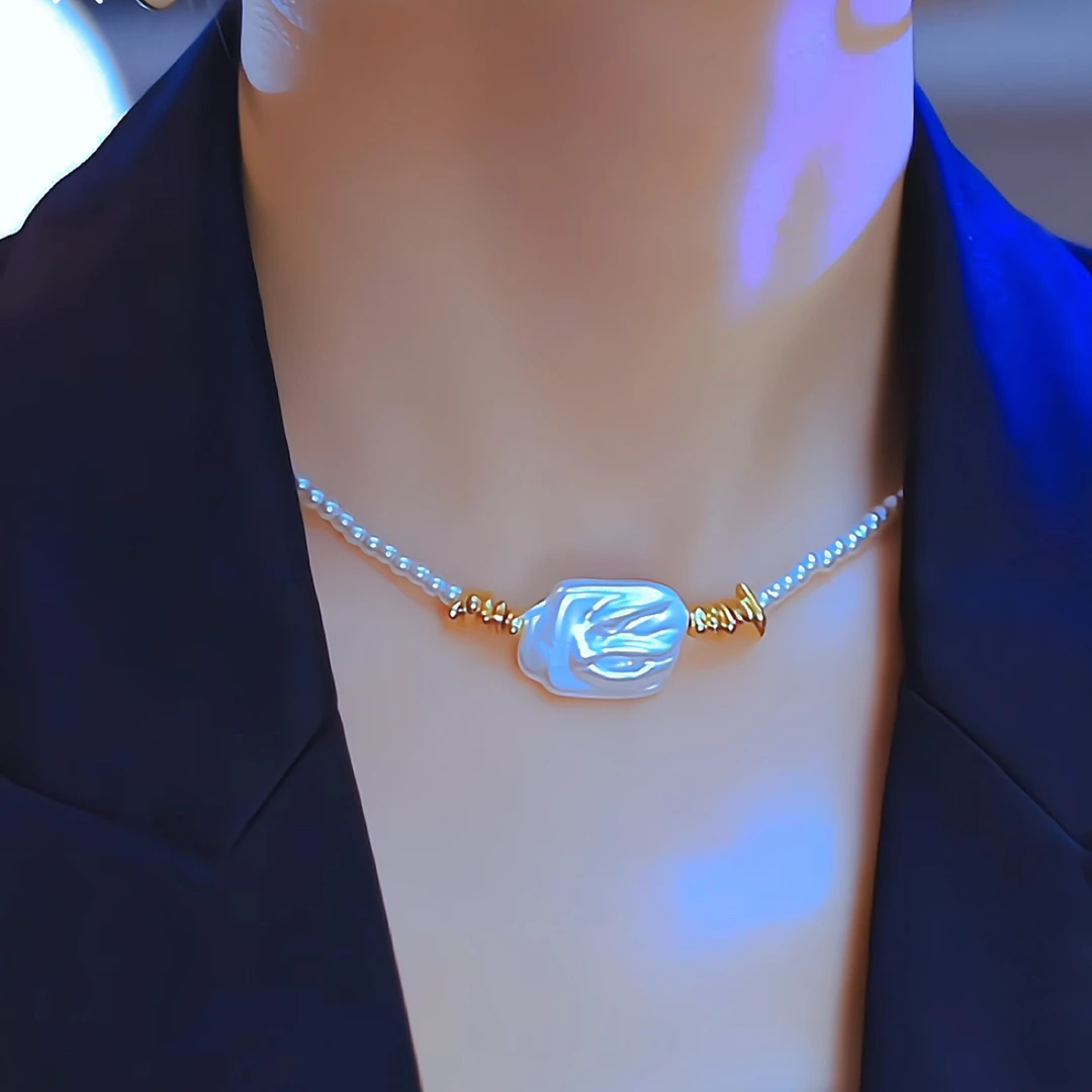 钛钢仿珍珠项链 【贝珠】巴洛秋冬新品锁骨链珠珠毛衣链女项链