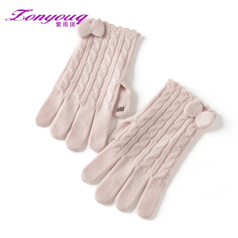 紫雨琪山羊绒手套女加厚保暖五指分指麻花蝴蝶结毛线手套