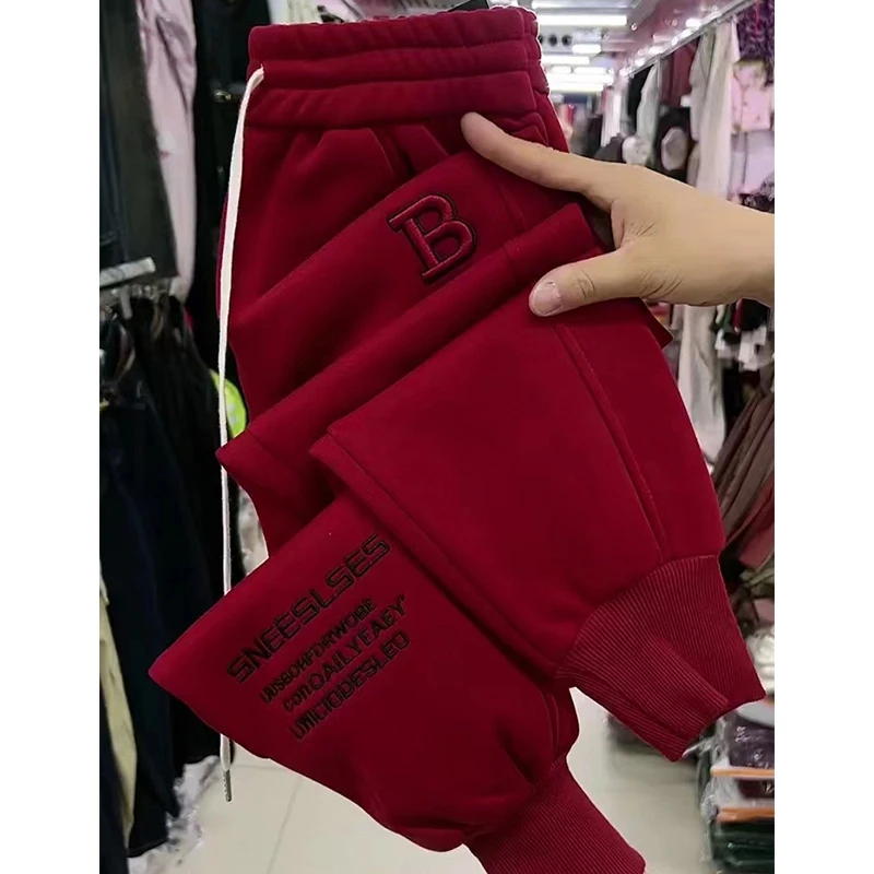 哈伦裤加绒加厚休闲保暖裤子洋气时尚宽松百搭束脚刺绣女裤卫裤