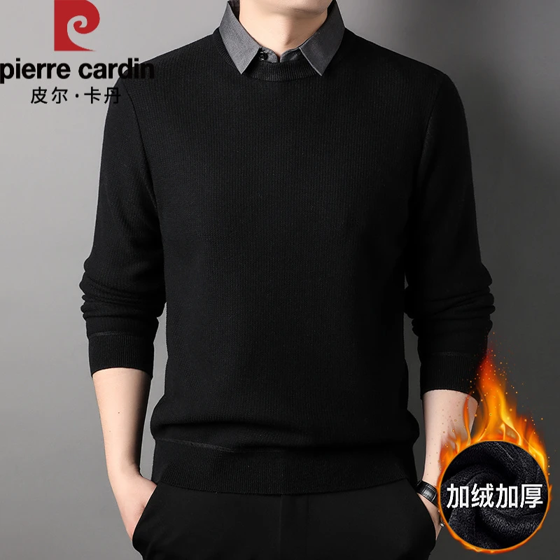 皮尔卡丹假两件针织衫男士衬衫领商务休闲加绒加厚毛衣秋冬季线衣