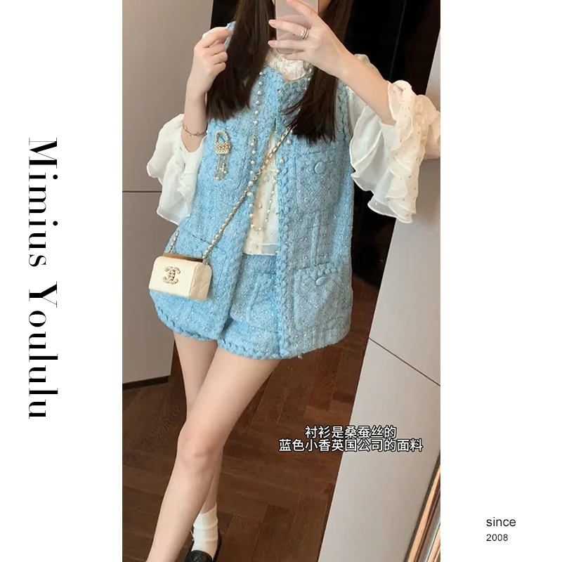 【mimius】&沐沐【罗拉小姐】小香风粗花呢马甲+短裤套装 F07035