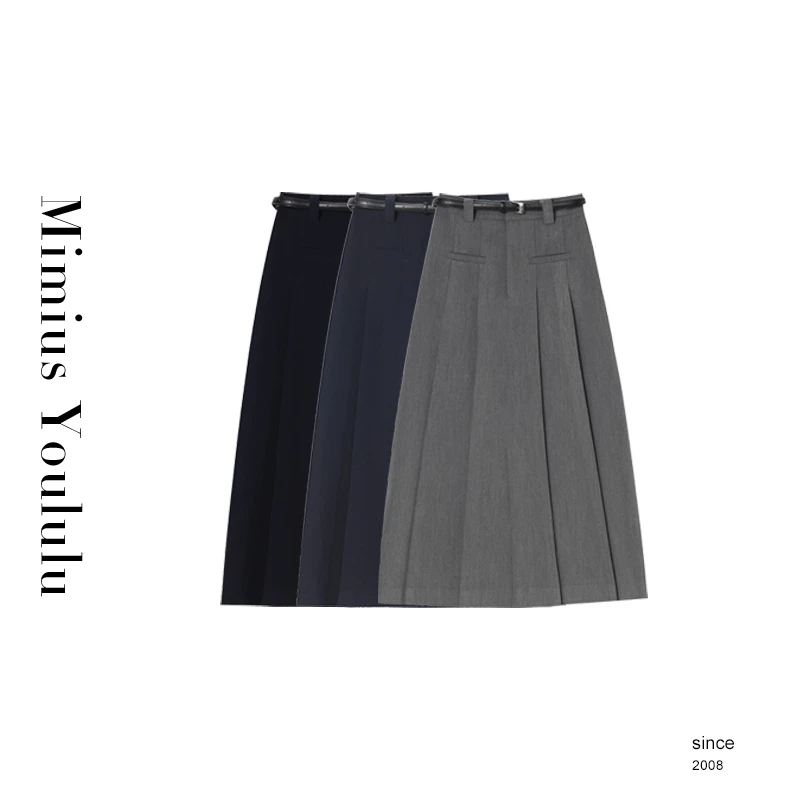 【mimius】&游鹿鹿 美式复古高腰百褶半身裙（含腰带） F07145