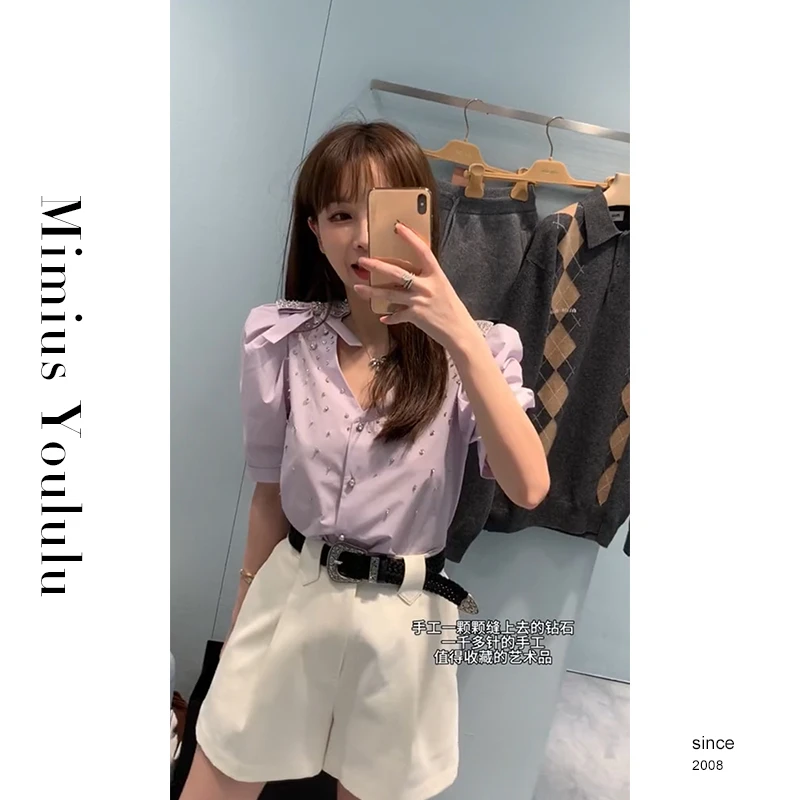 【mimius】&B游鹿鹿 【阑珊星光】重工手工钉钻蝴蝶结衬衫 F07243