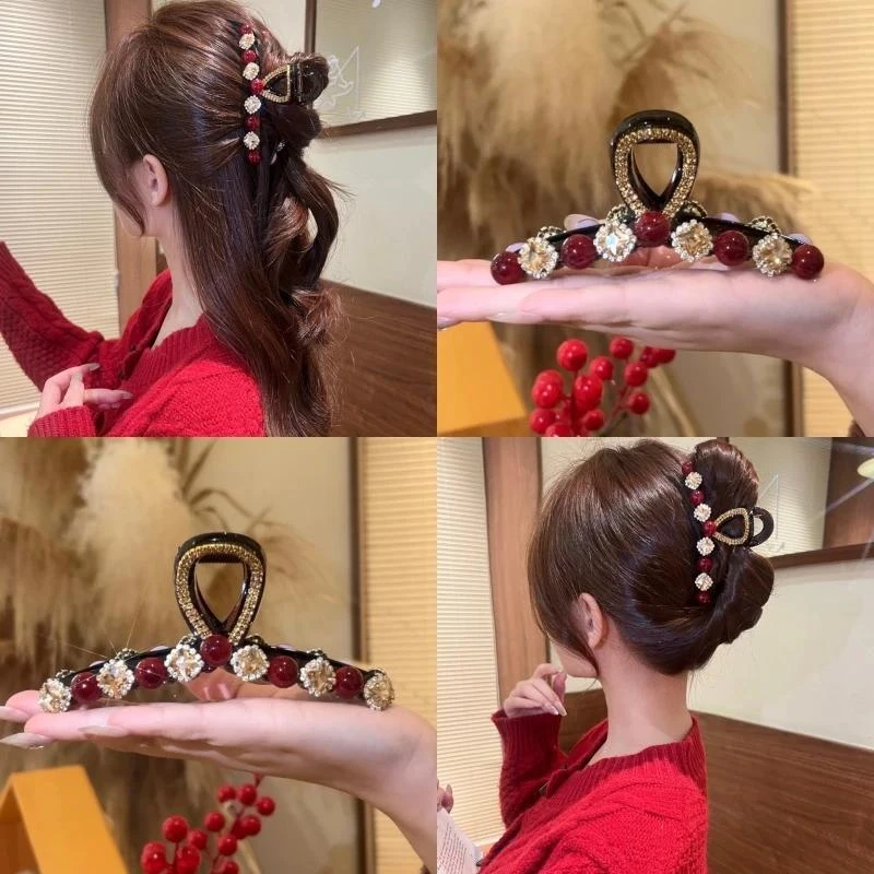 熹金秋冬新款石榴珠珠方糖抓夹安哥拉红气质发卡鲨鱼夹马尾夹发饰