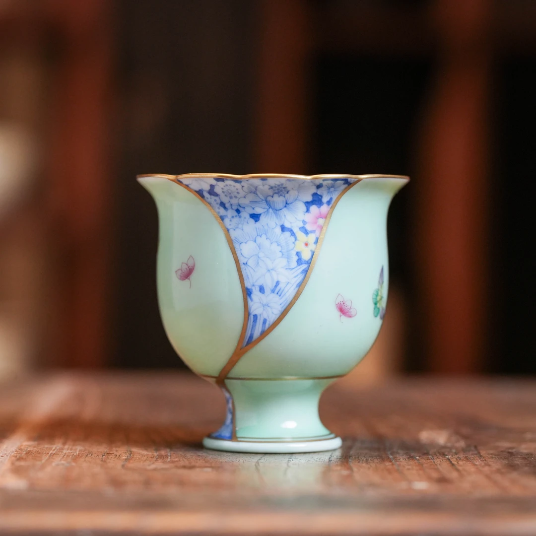 【小田甄陶】碧-华隐堂-开窗蝶恋万花高脚杯（华隐S0829）