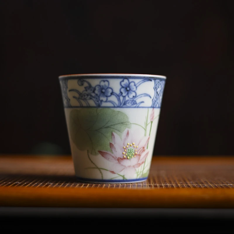 【小田甄陶】小皱菊斗彩荷花-墨冉-小猪口杯-100CC(新墨冉0282)