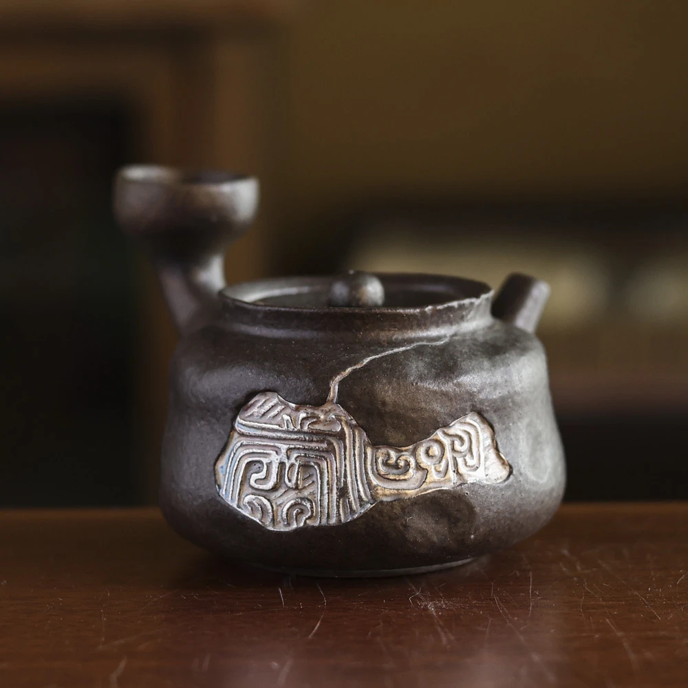 【小田甄陶】汉青釉-灰念-玉龙茶壶-满容75cc口径4高4cm（Q1418）