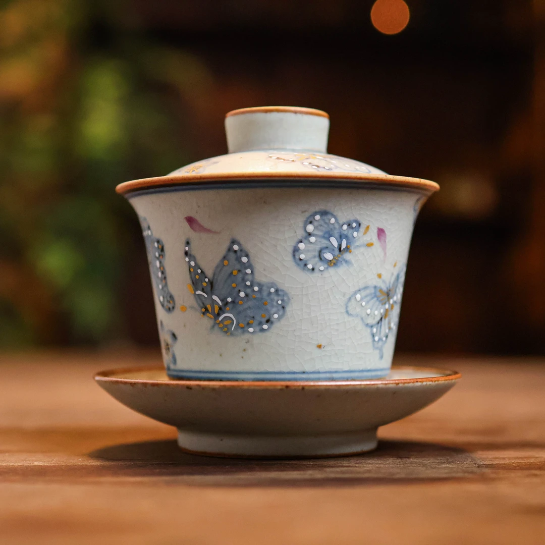 【九姐爱喝茶】描金蝴蝶落花三才盖碗150ML（朴碗0161）